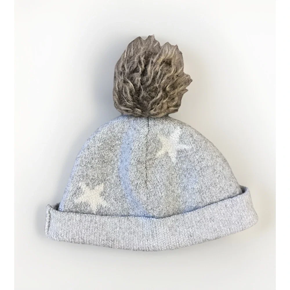 Christian Siriano Girls Boys Gray Star Print Knit Beanie Hat Pom Pom Winter